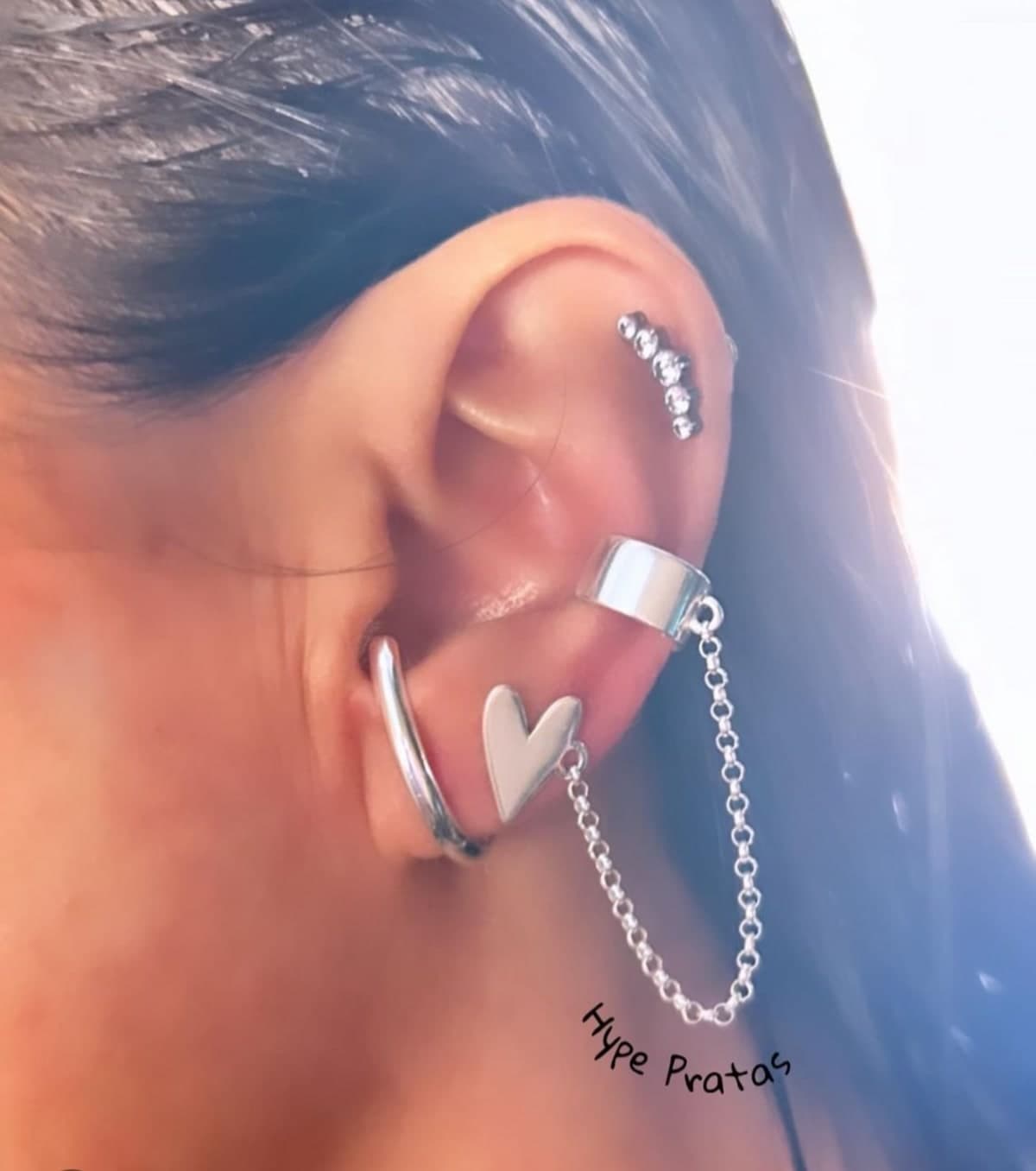 Brinco coração+corrente+piercing largo fake prata 925(orelha esquerda)