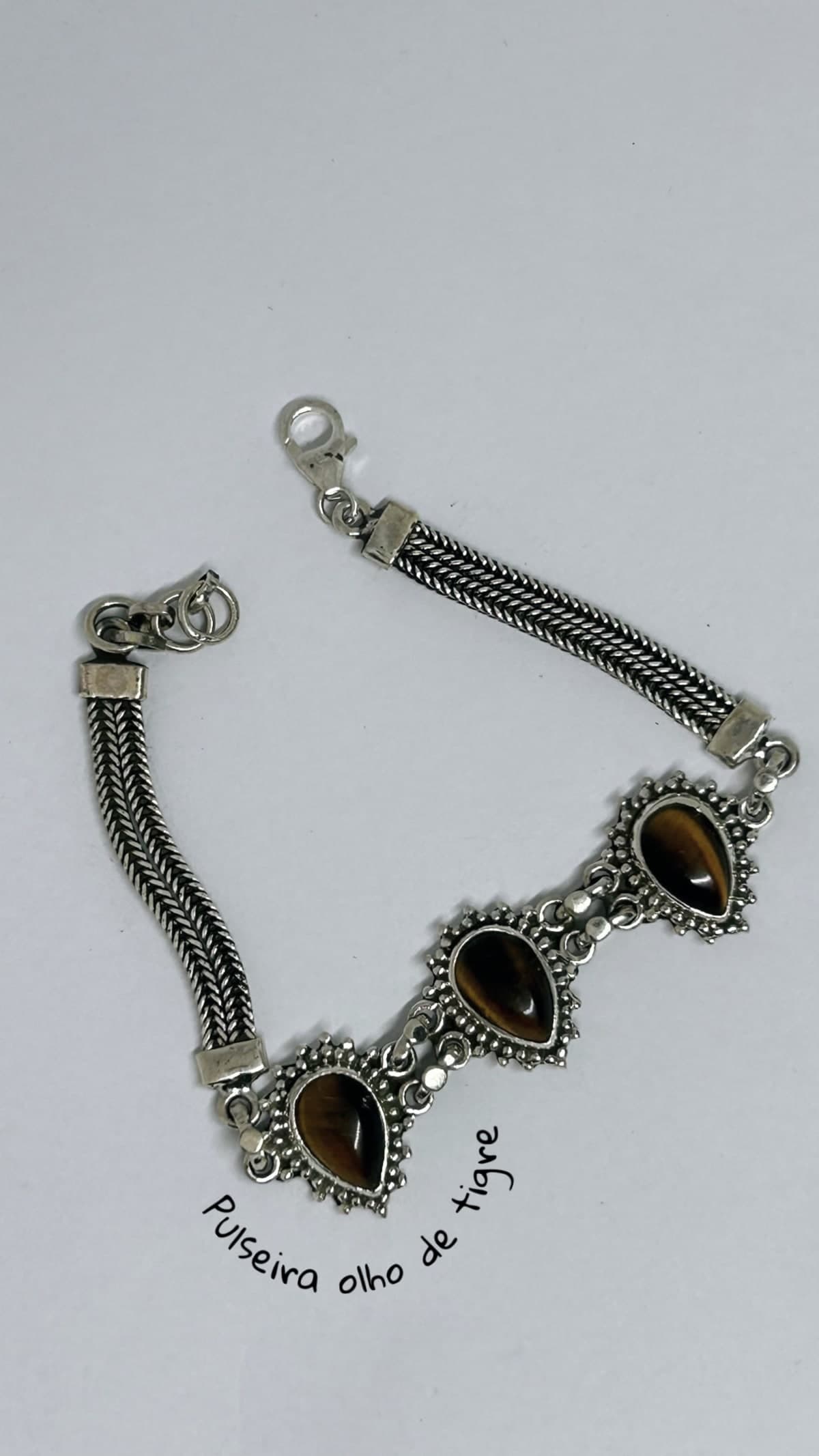 Pulseira Gota Olho de Tigre Natural Balinês Prata 925 18 cm + 2 cm extensor