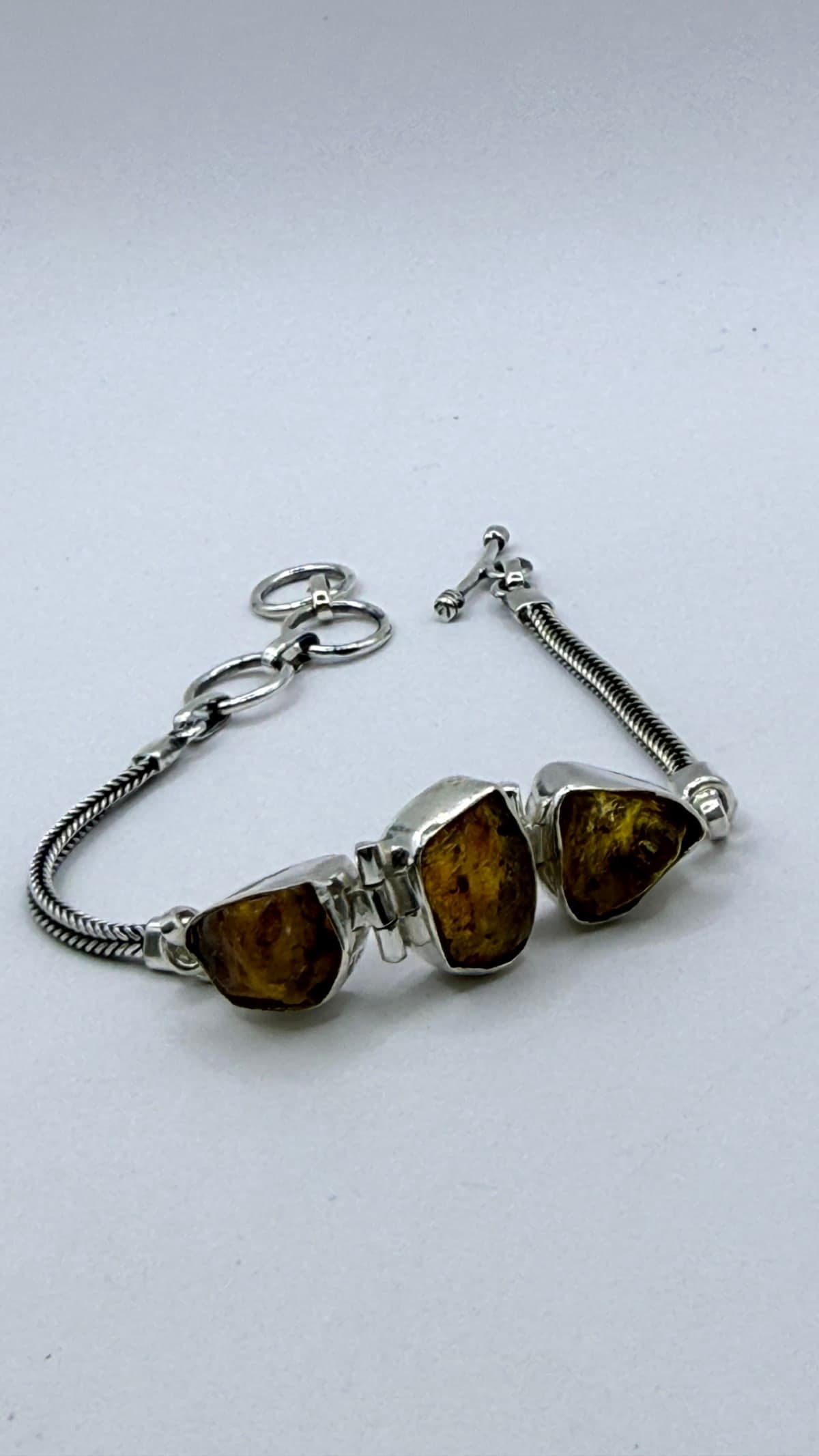 Pulseira Âmbar Pedra Bruta Prata 925 18,5 cm + 2,5 cm extensor