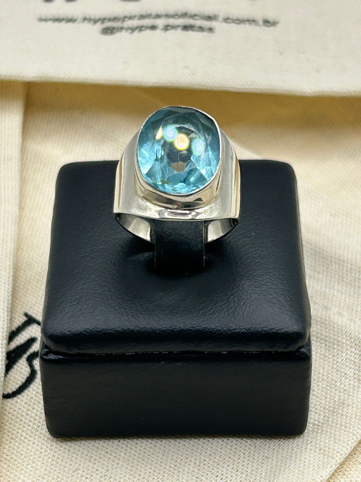 Anel Cristal Azul Natural Prata Lisa 925 Tam 18