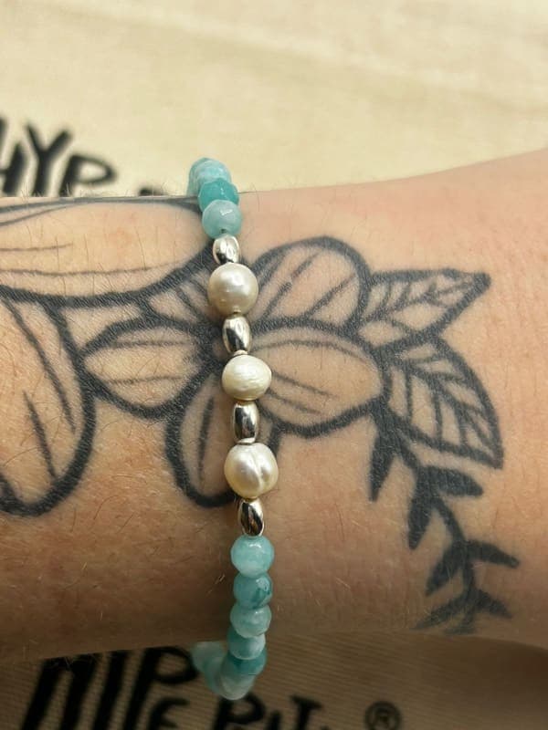 Pulseira de Jade Amazonita com Perola 16cm +3cm Extensor